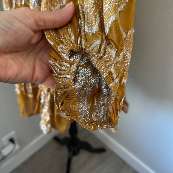 Anthropologie Maeve Flowy Mini Dress Tie Neck Long Cuffed Sleeve Gold Metallic L - Picture 9 of 16